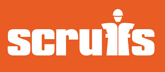 The Scruffs logo in bold white lettering on a solid orange background, with the letter 'i' stylized as a worker silhouette wearing a hard hat.